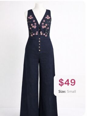 Embroidered Navy V-Neck Wide-Leg Jumpsuit